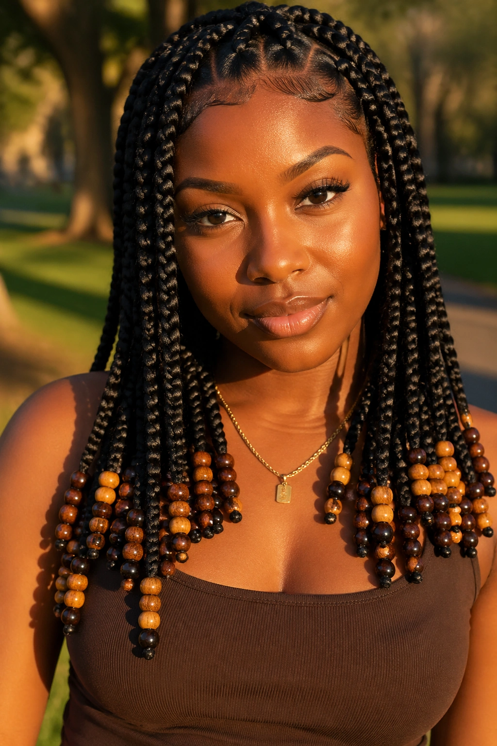 Close-up of a real woman with chunky beaded knotless braids and tapered ends