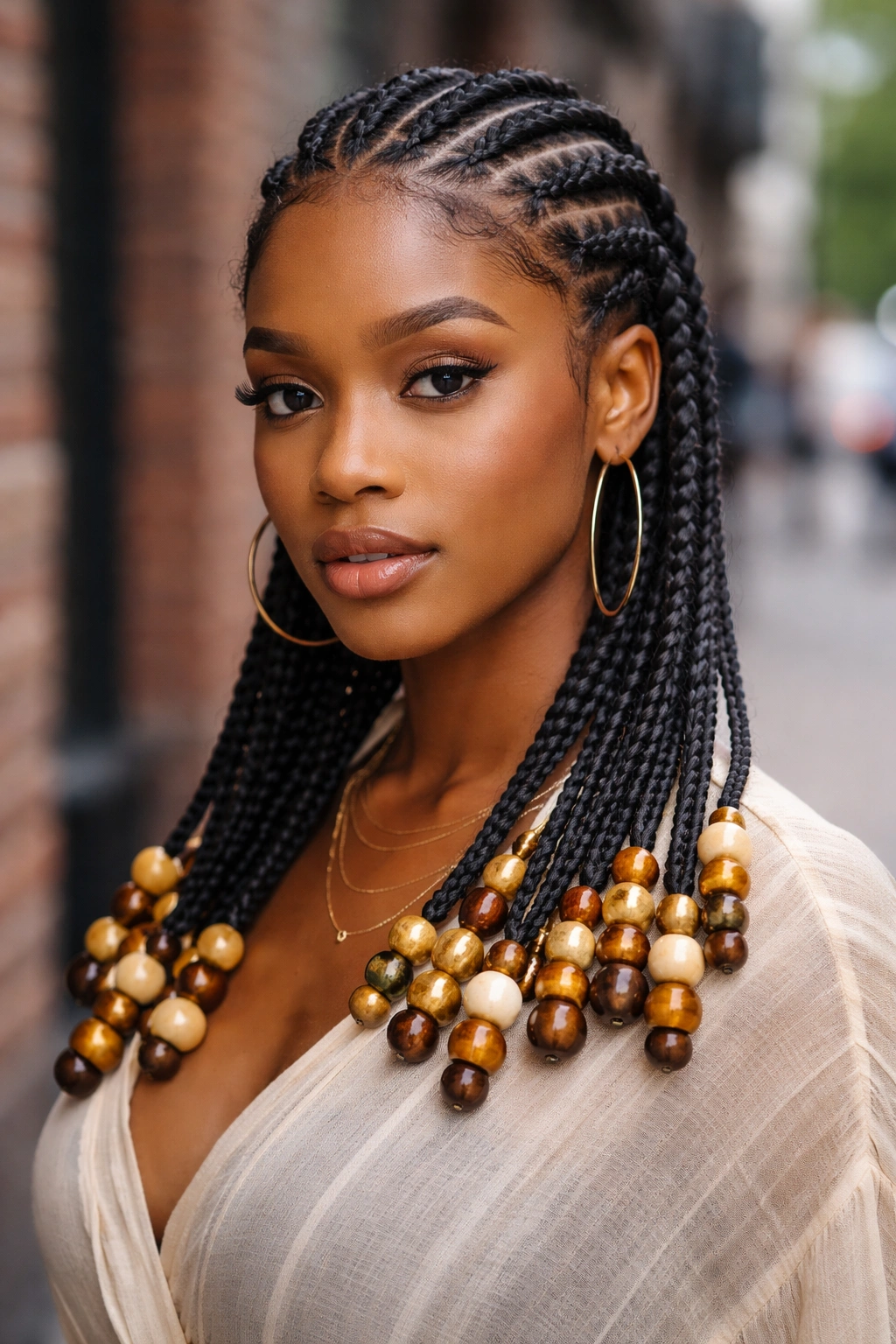 Close-up of Fulani cornrows ending in chunky beads on a real woman's head