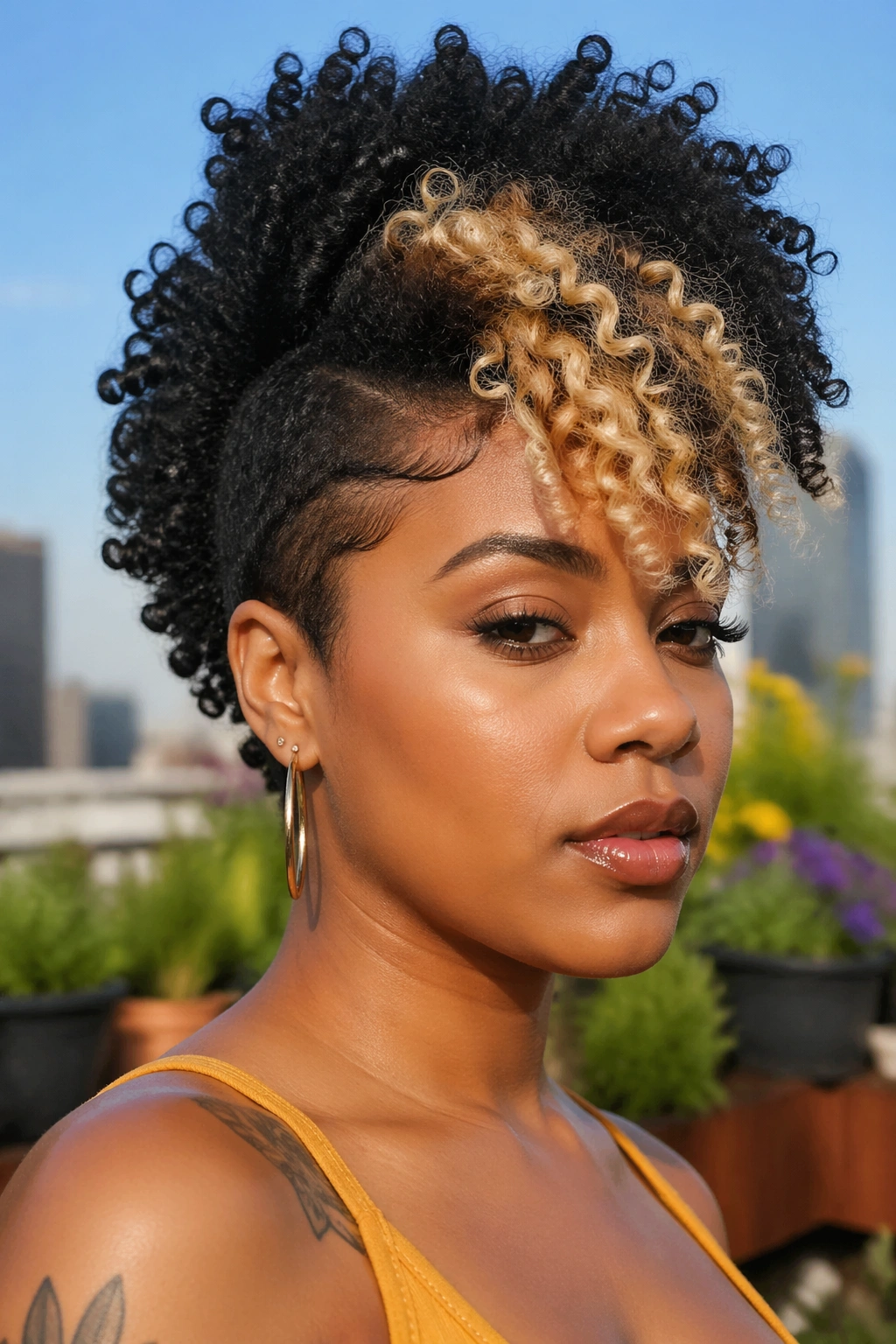 Chunky blonde money piece on fro-hawk on a real person