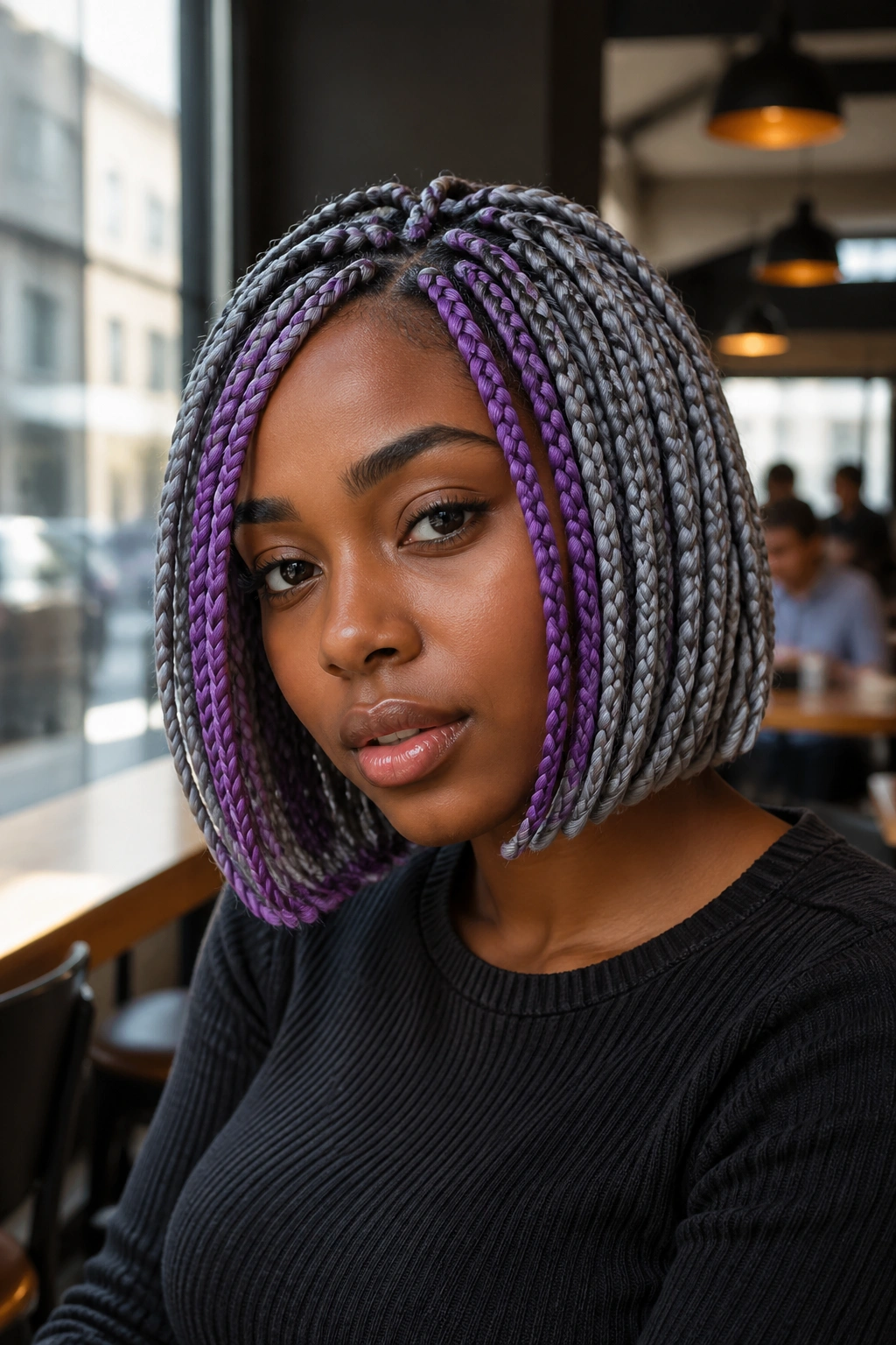 Portrait of person with chunky bob and purple face-framing braids against a cafe interior.