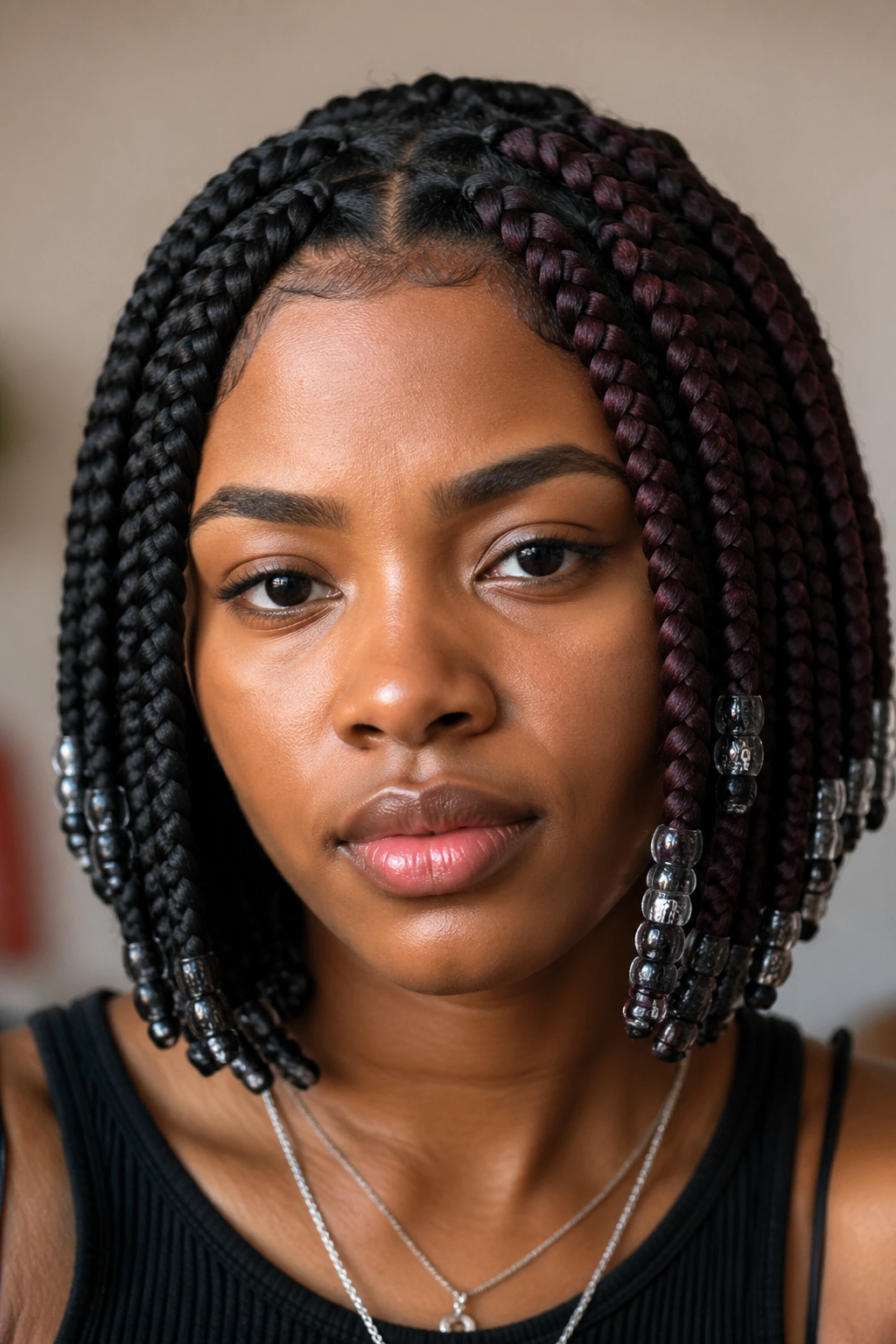 Front portrait of a woman with chunky box braids and smoked plum panels