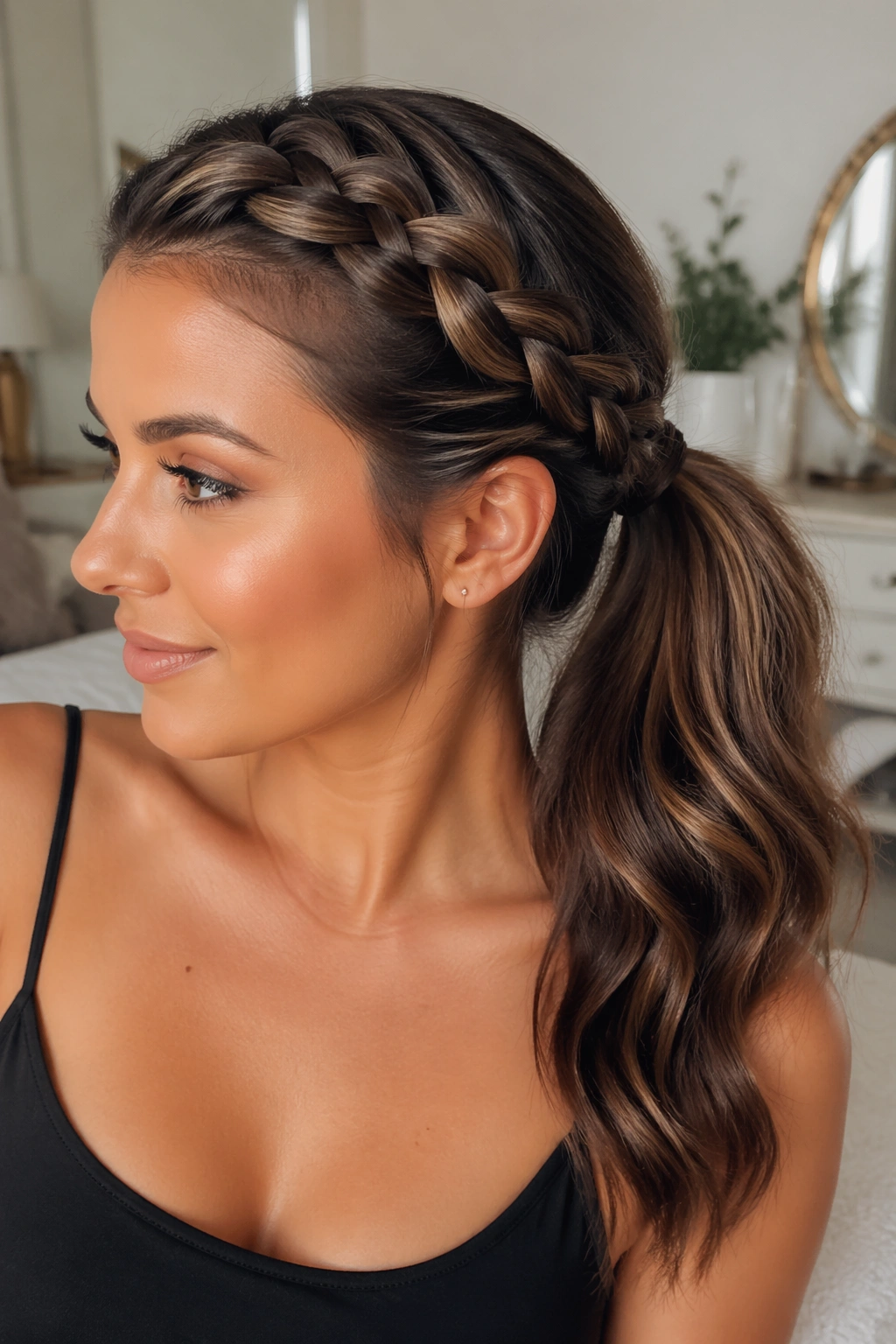 Close-up of a real woman with a chunky side braid feeding into a mid ponytail