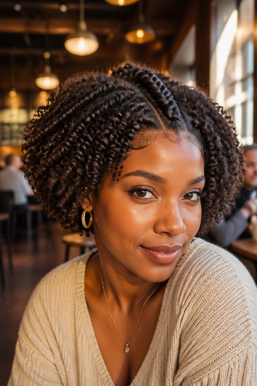 Close-up of a real woman with a chunky front braid and twist-out curls
