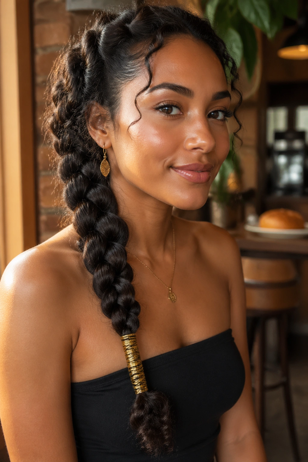 Real person with a chunky single braid over the shoulder and wrapped ends