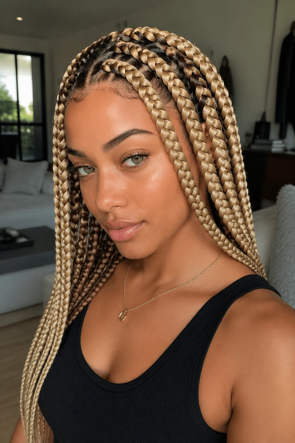 Close-up of a real woman with chunky blonde and mocha feed-in braids