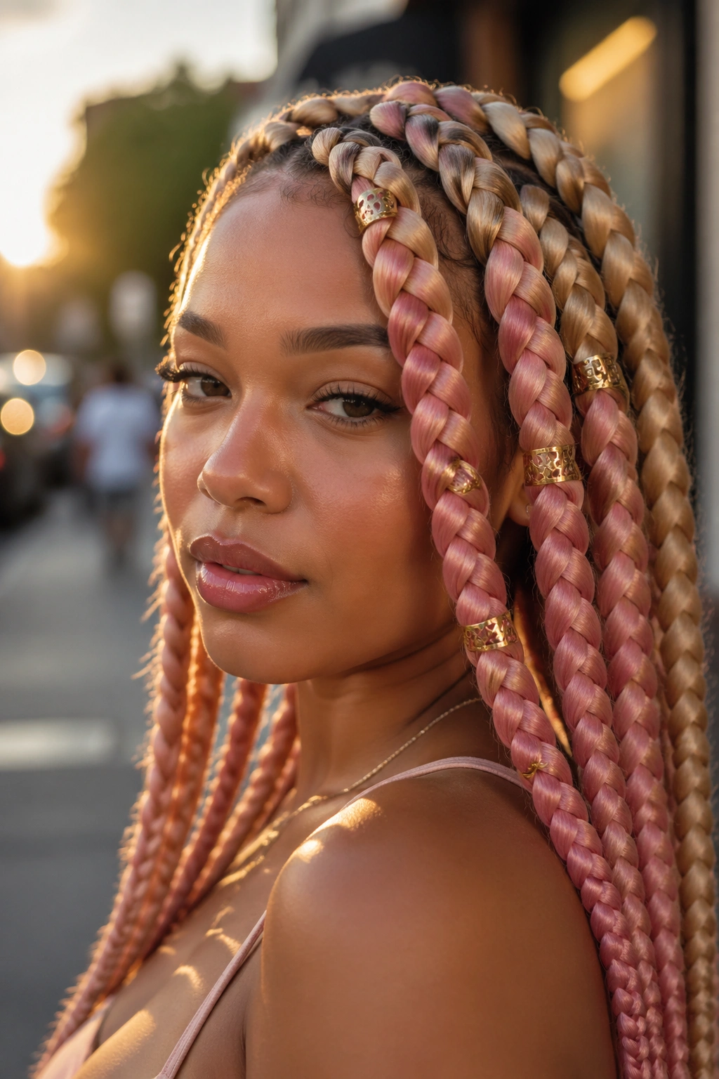 Close-up of chunky blonde and pink braids with gold cuffs on a real woman