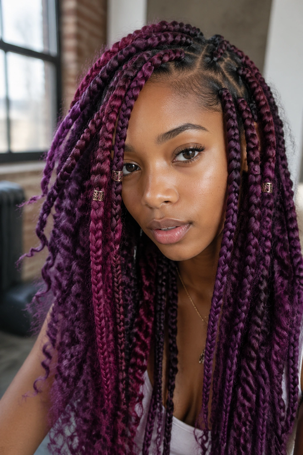 Close-up of chunky burgundy-purple boho box braids on a real person