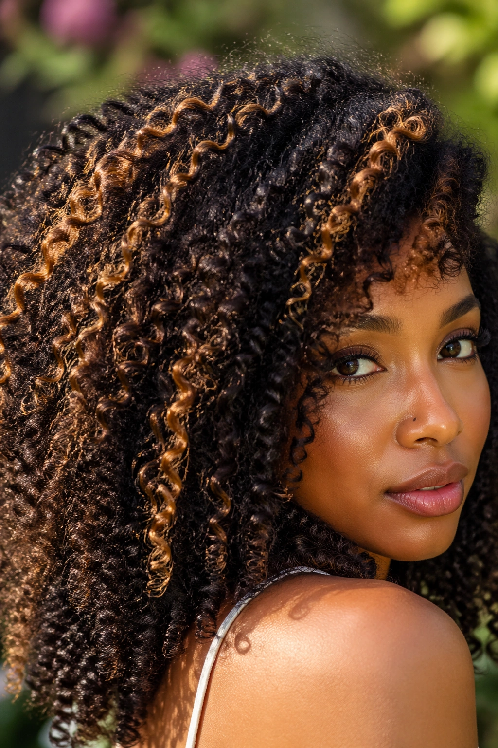 Close-up of a real woman's curls with chunky caramel highlights