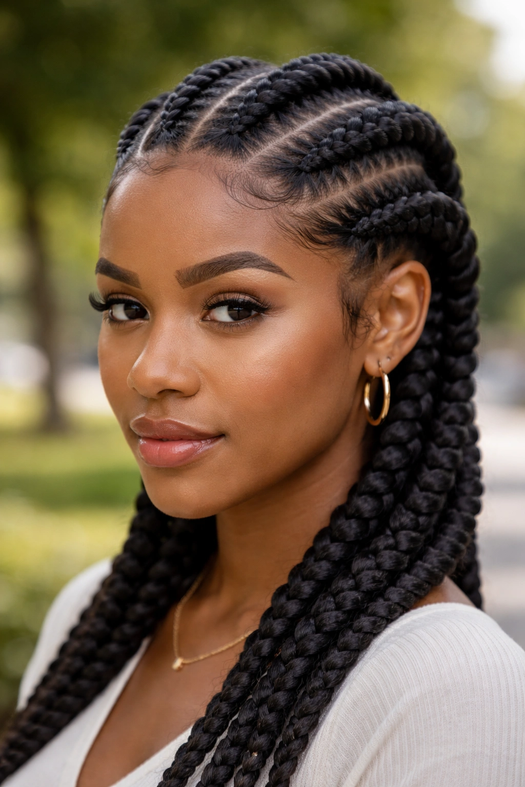 Real woman with chunky protective cornrows across the head filling the frame.