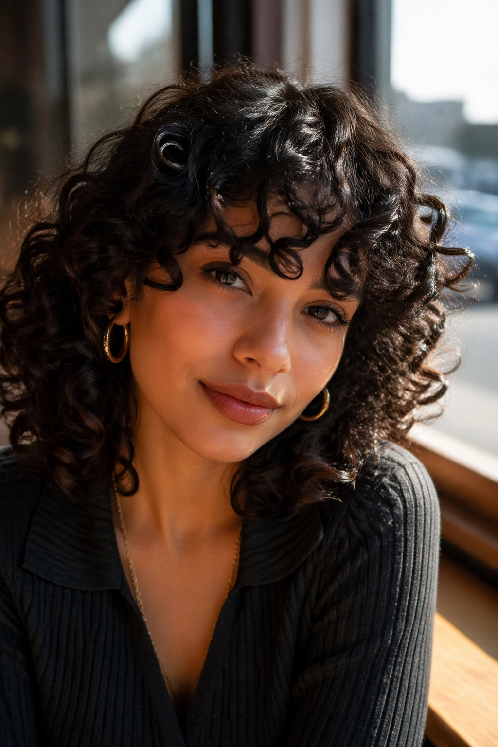 Real person with chunky curly bangs creating bold, defined clumps across the forehead.