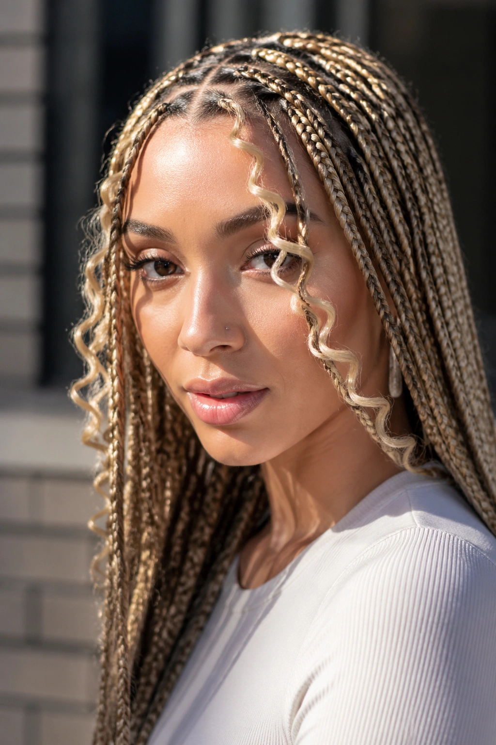 Close-up of blonde knotless braids with chunky curly face pieces on a real person