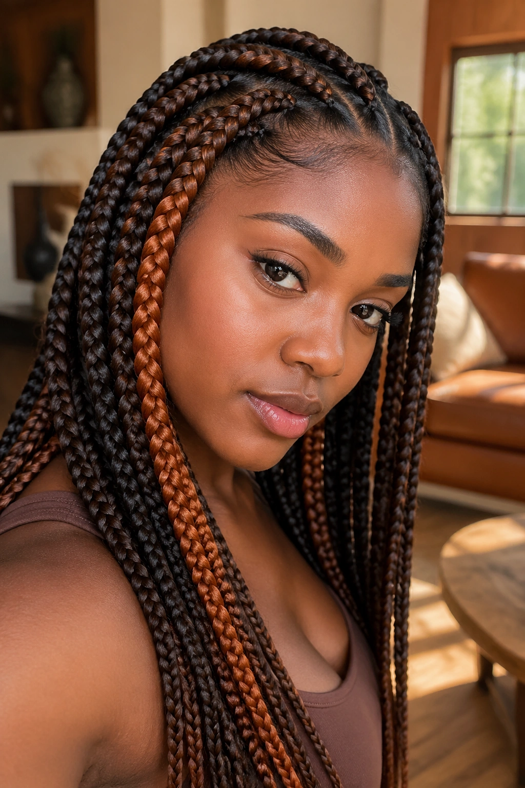 Close-up of a real woman with amber-panel chunky feed-in box braids in a sunlit living room