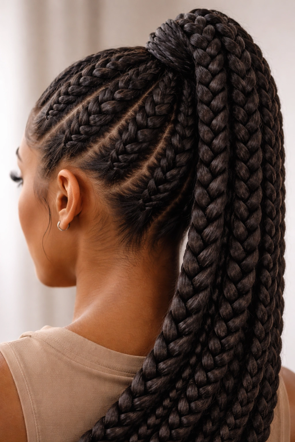 Chunky feed-in base braids at the scalp with a sculpted ponytail