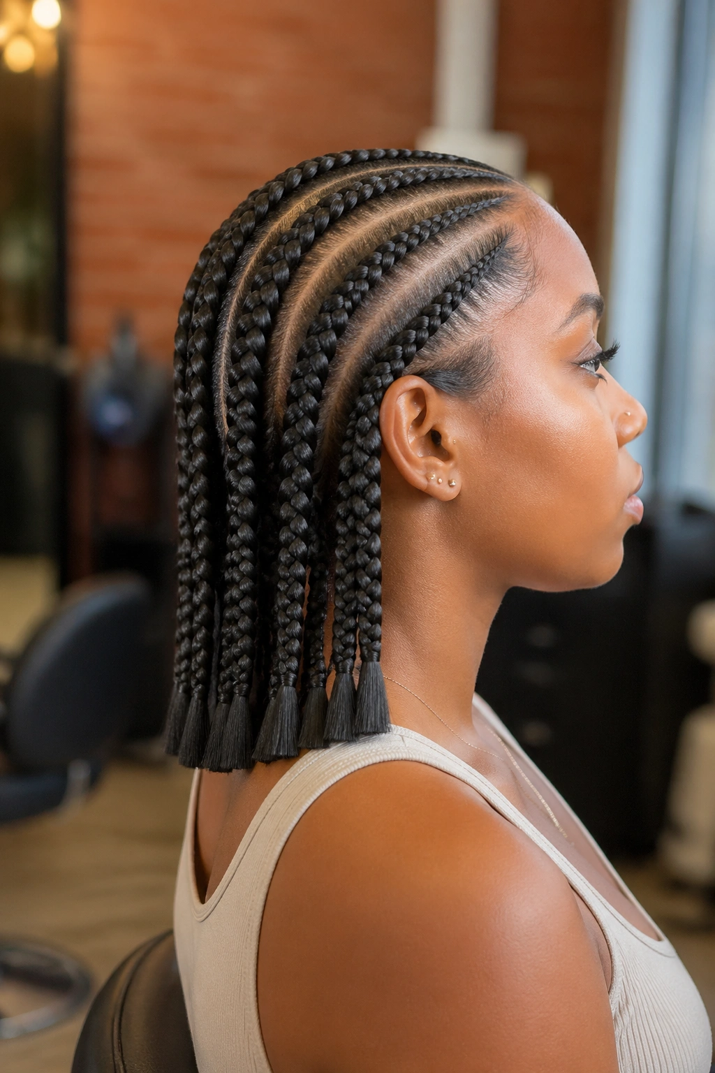 Close-up of a real person with eight chunky feed-in cornrows ending in blunt cuts.