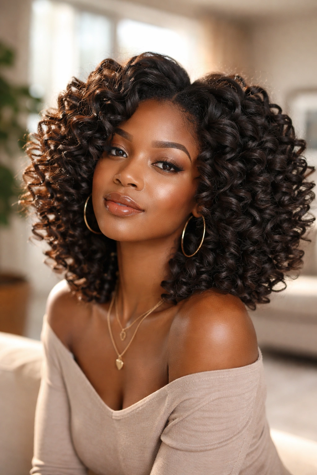 Real person with chunky finger curls adding volume in natural light.