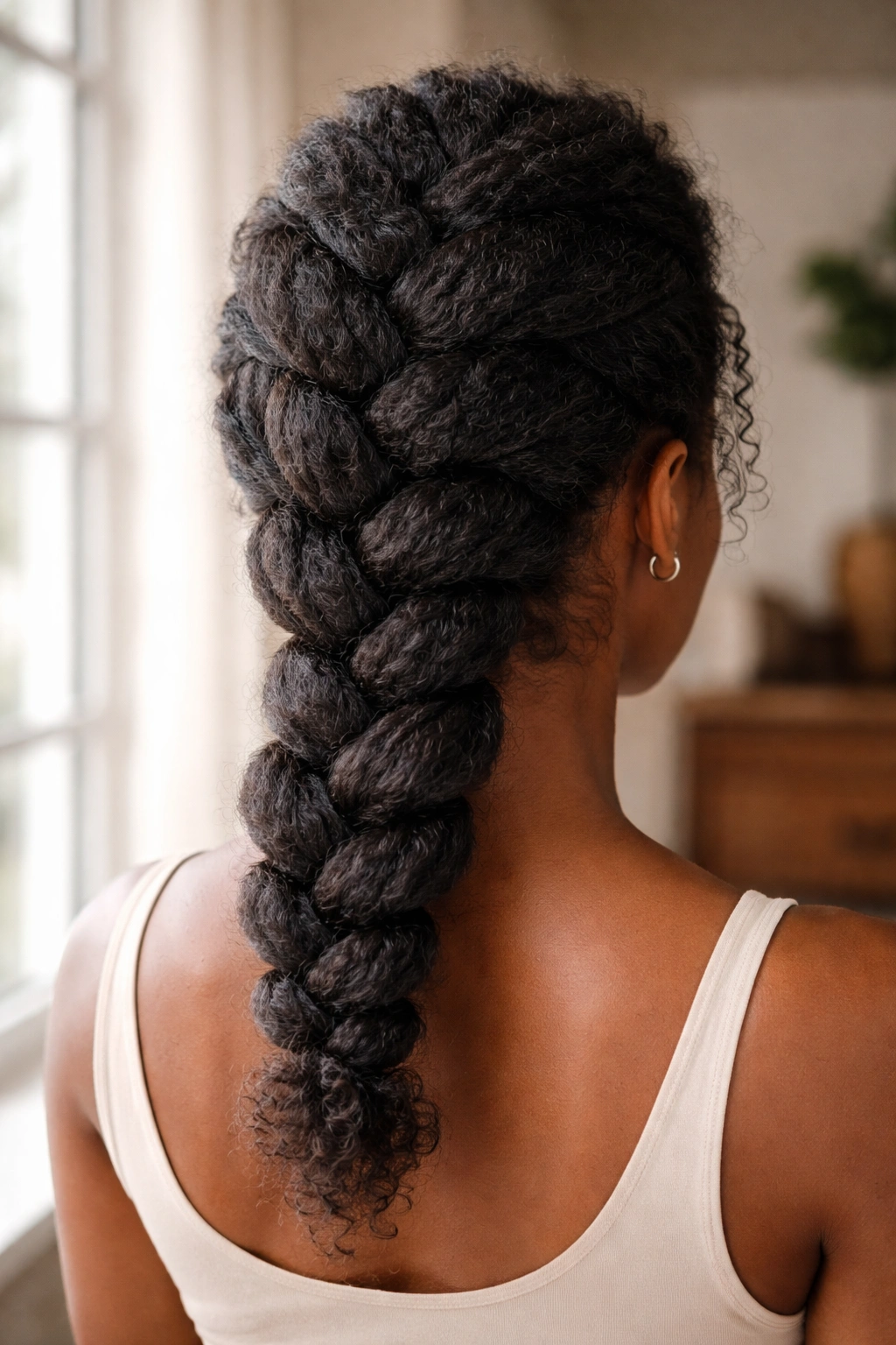 Close-up of a real person with a chunky French braid on thick Afro hair