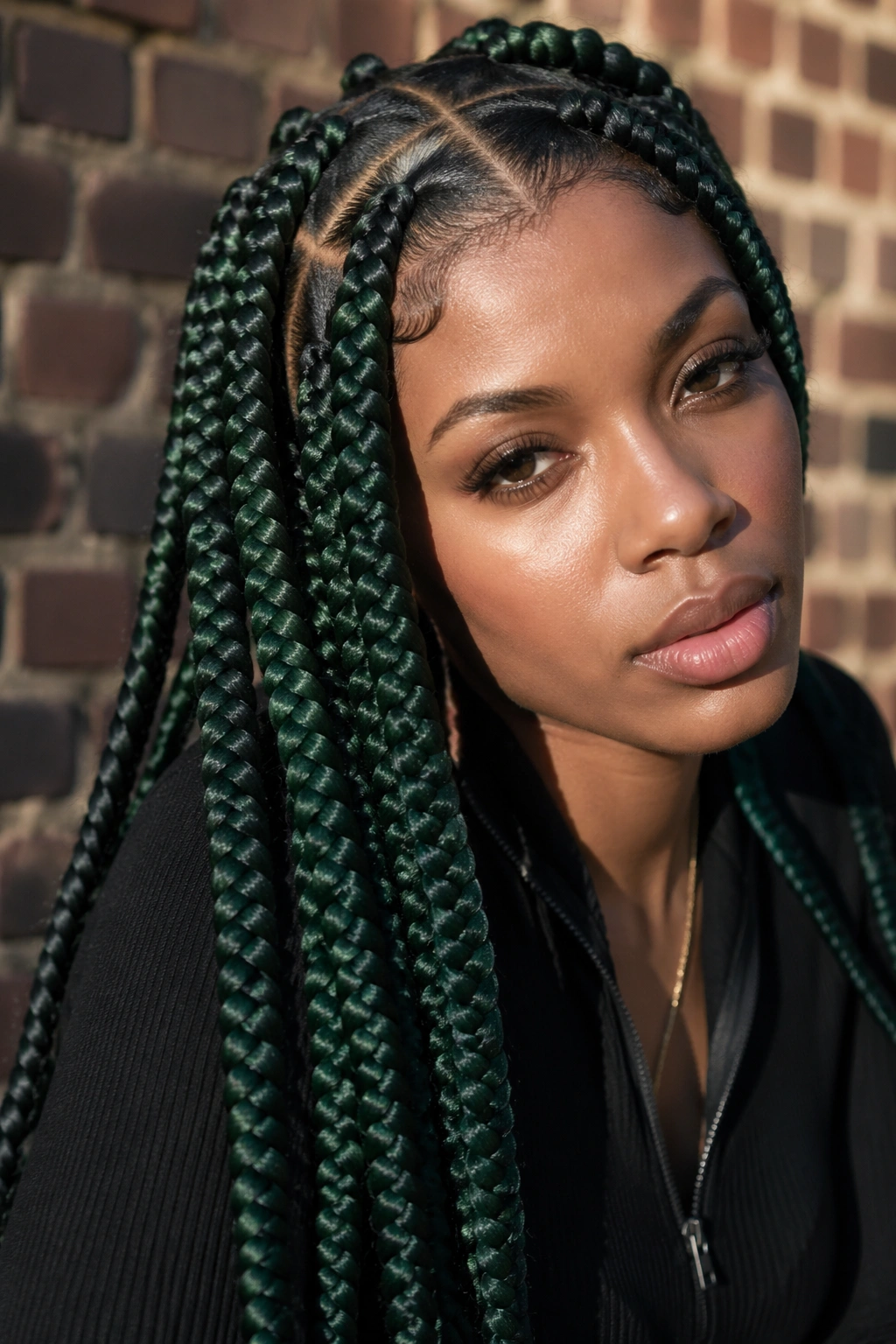 Close-up portrait of a real person with chunky emerald green box braids dominating the frame