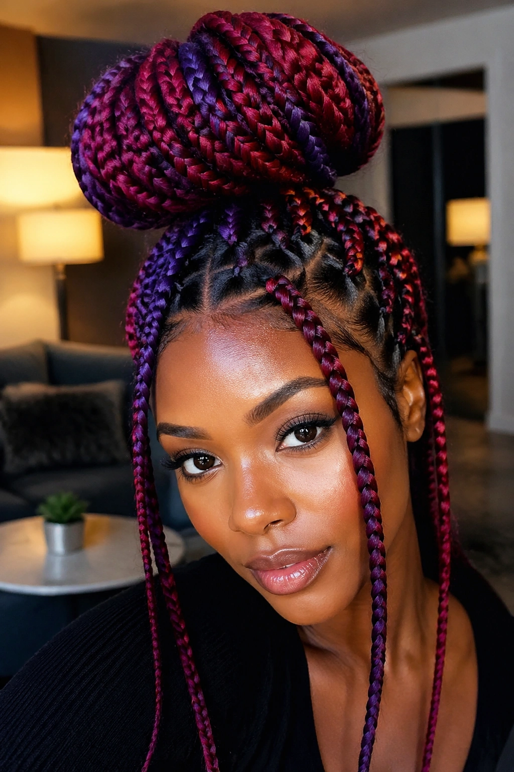 Real person with chunky purple and red box braids in a high bun under warm light.
