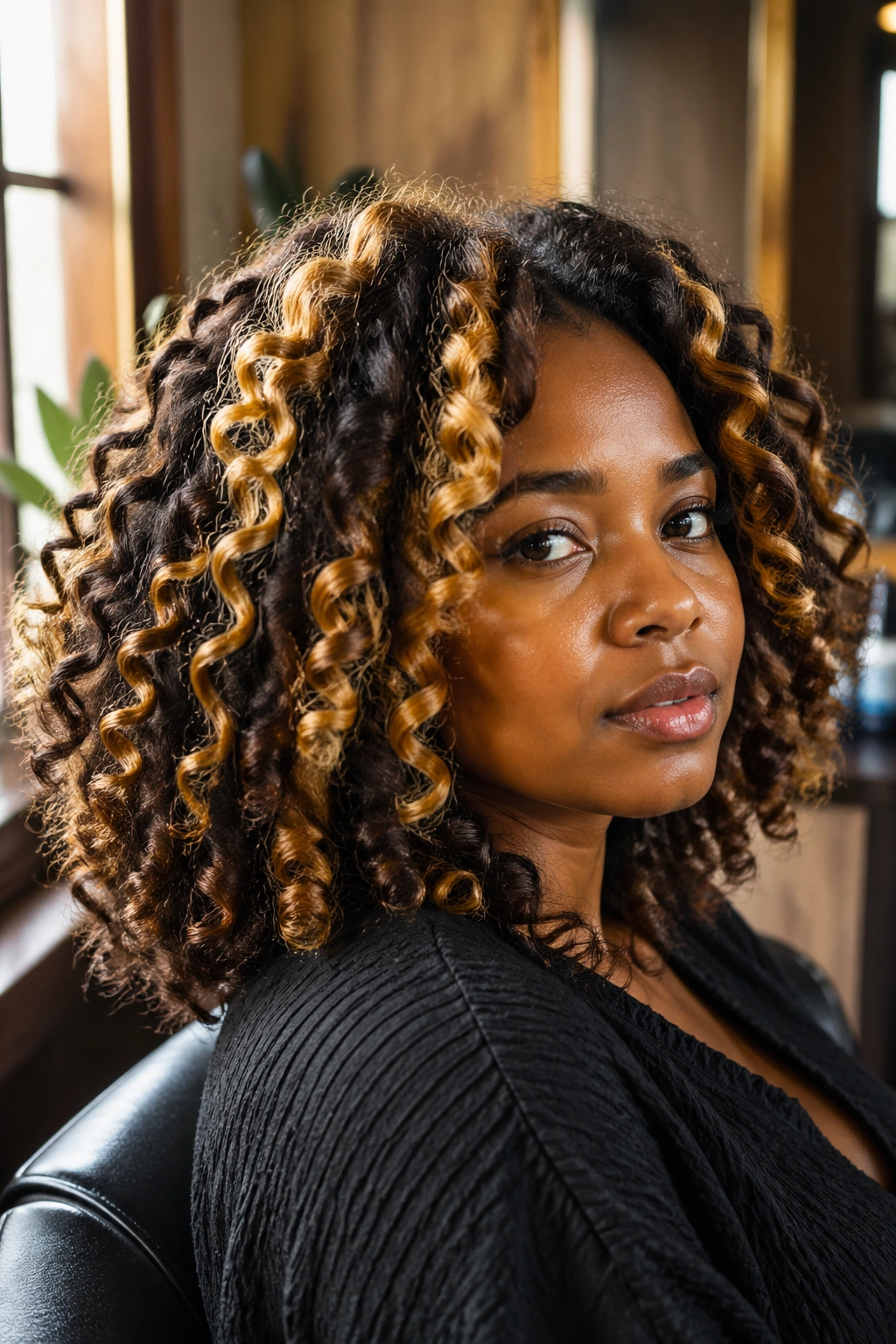 Close-up of a Black woman with chunky highlights on natural curls under warm window light