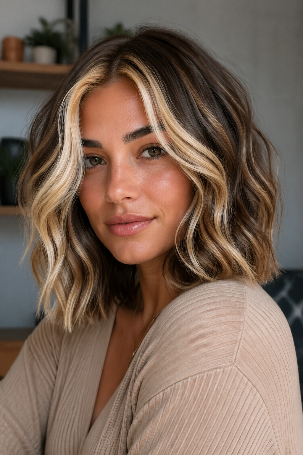 Close-up of a real woman with chunky 90s highlights on a wavy lob