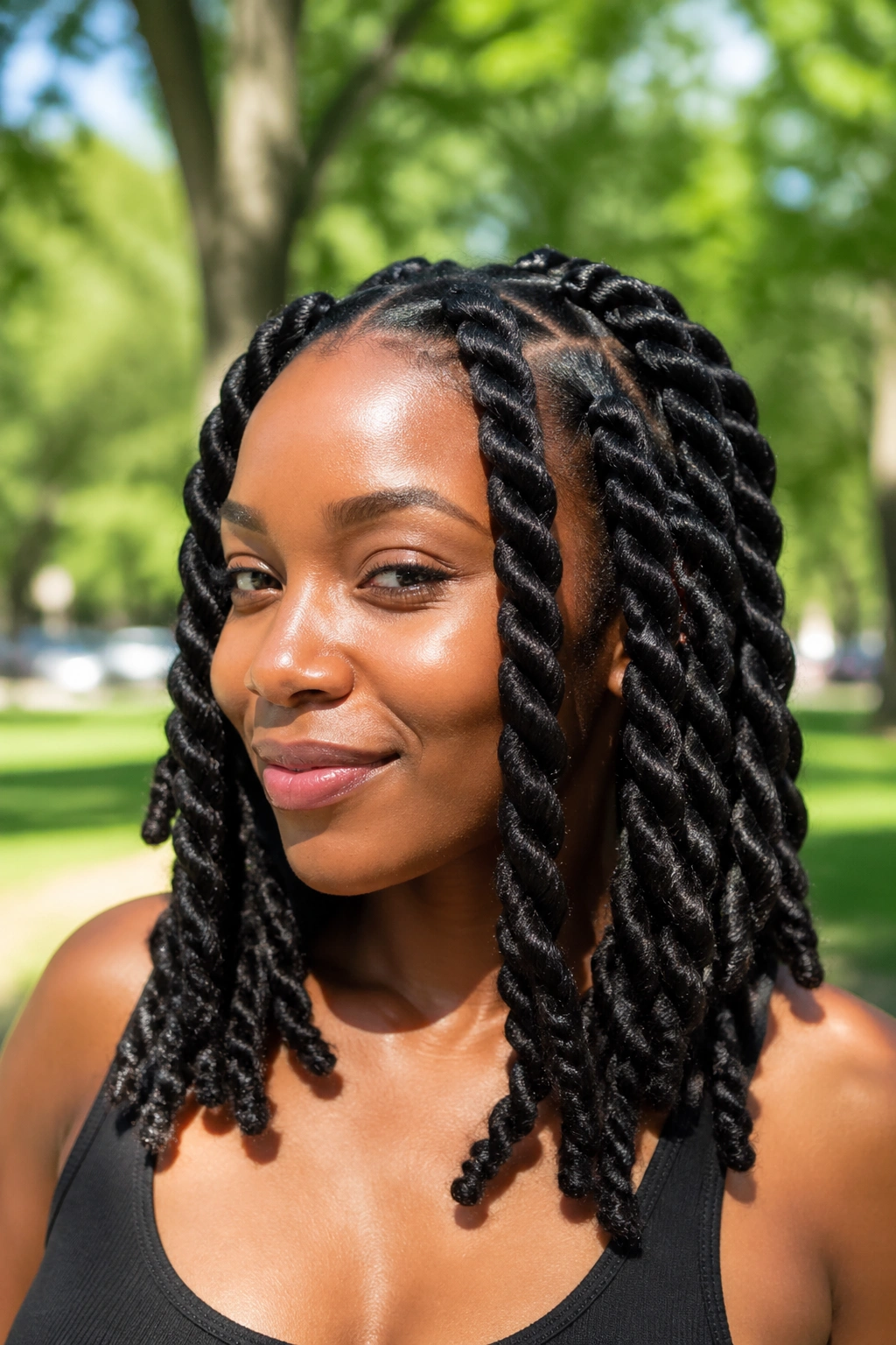 Real woman with chunky jumbo twists in outdoor natural light