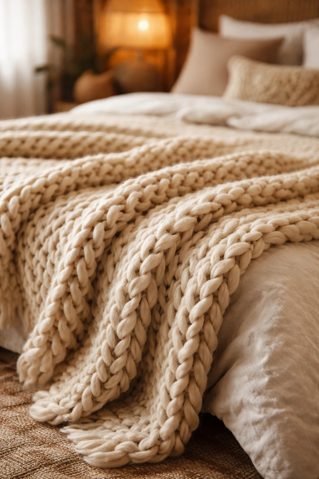 Chunky knit throw blanket draped over bed foot