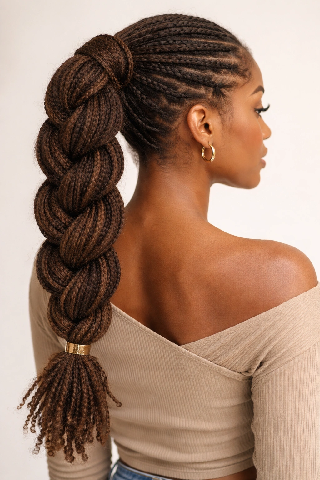 Chunky three-strand braid ponytail on locs