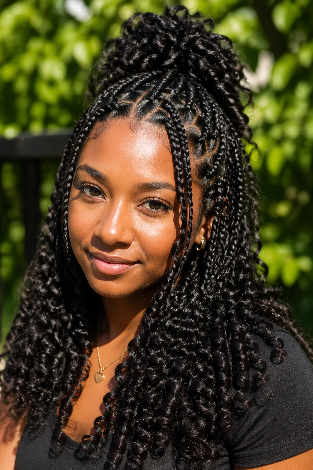 Real woman with chunky mini braids in half-up half-down style in a garden setting