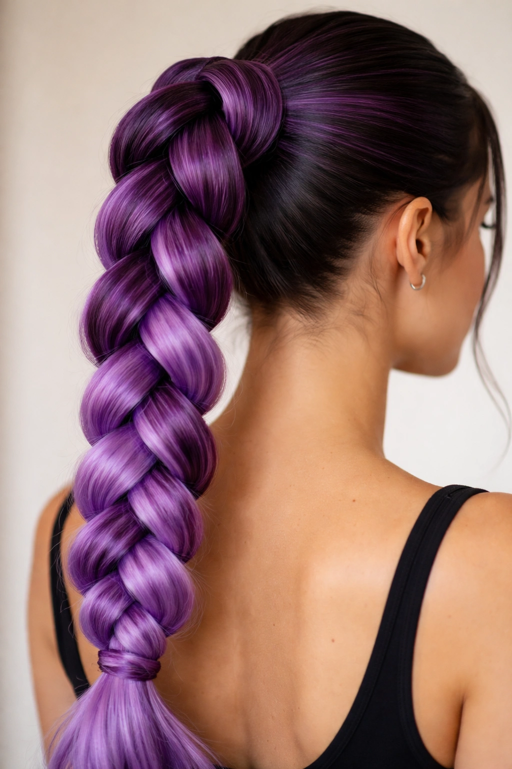 Close-up of chunky purple braid with wrapped base ponytail