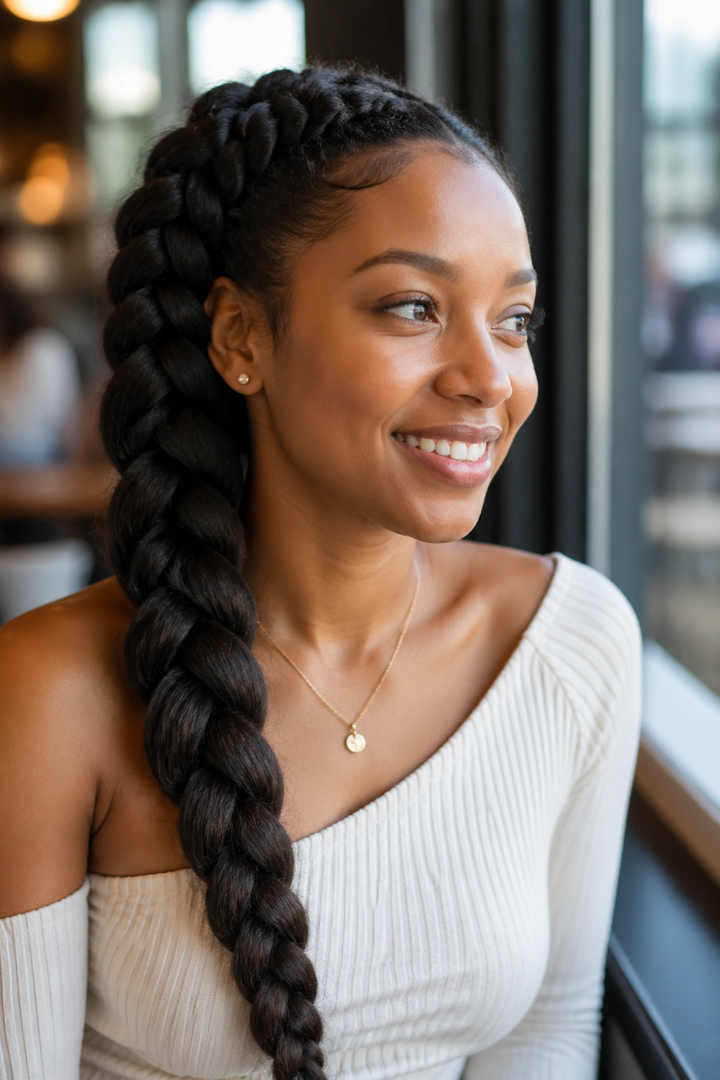 Real woman with a chunky side braid over the shoulder in natural daylight