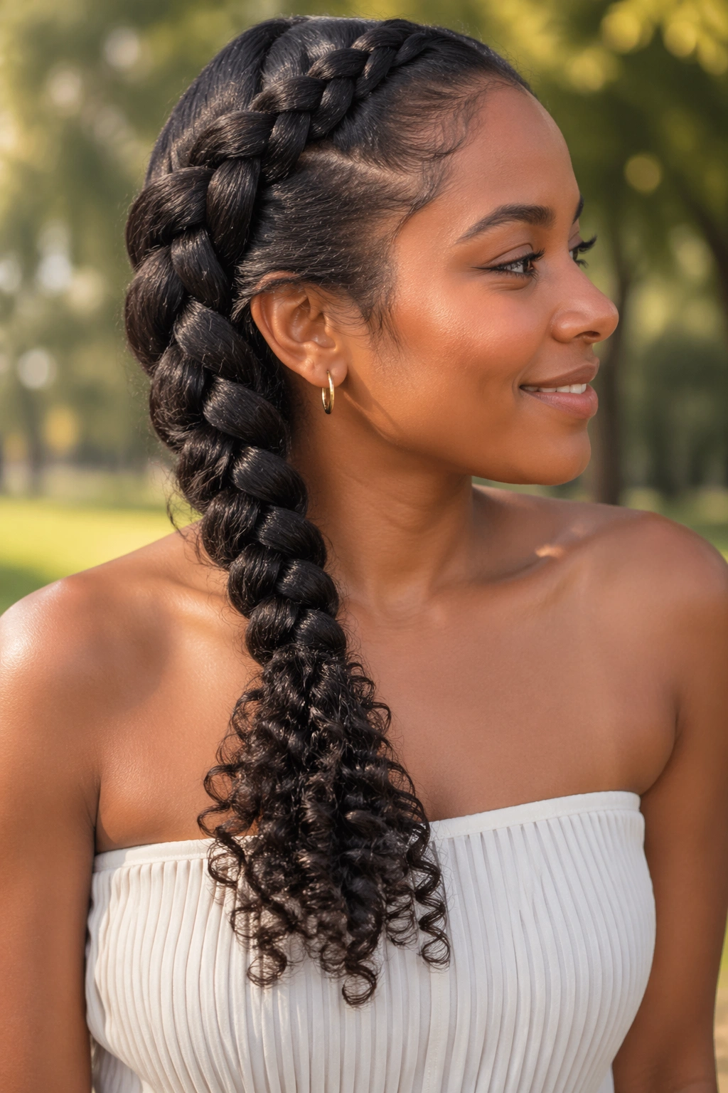 Portrait of a real woman with a chunky side braid and curly ends in a sunlit outdoor setting.