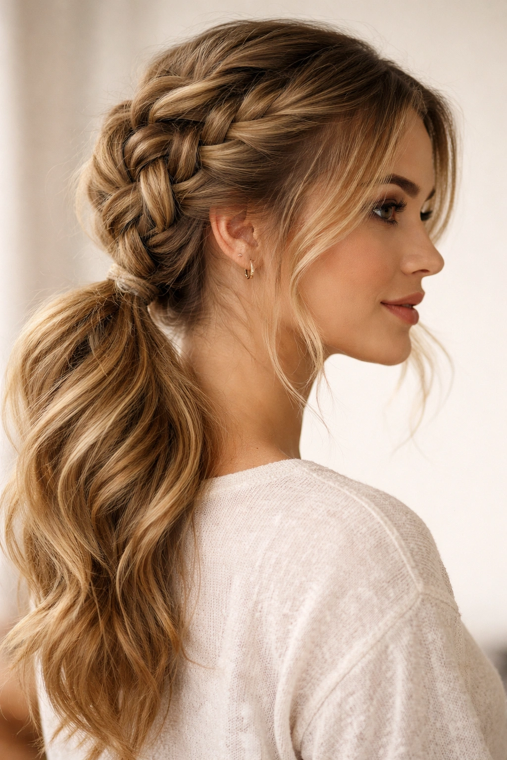 Thick side braid starting near the ear flowing into a side ponytail