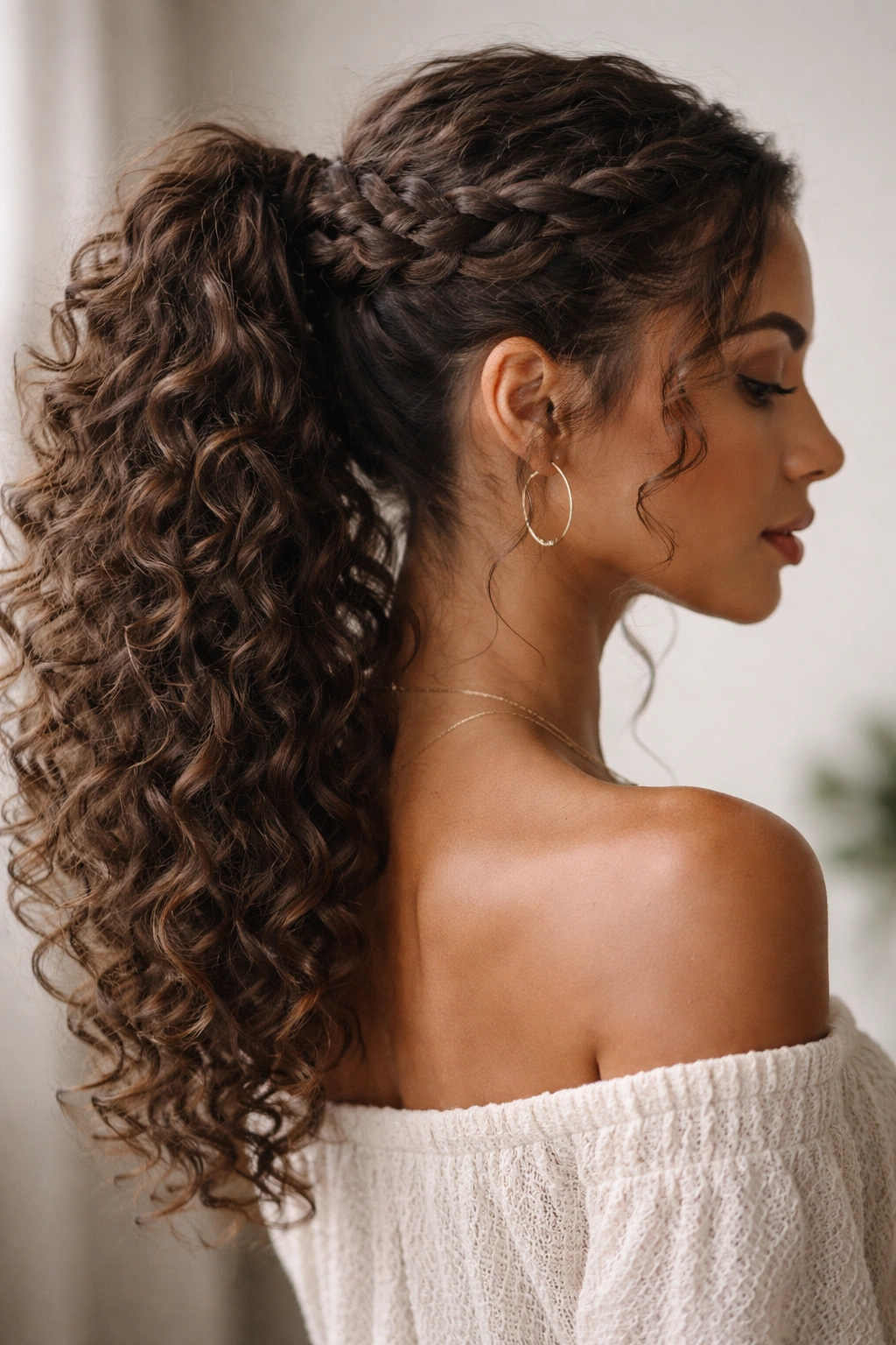 Chunky side braid wrapped into ponytail base on curly hair