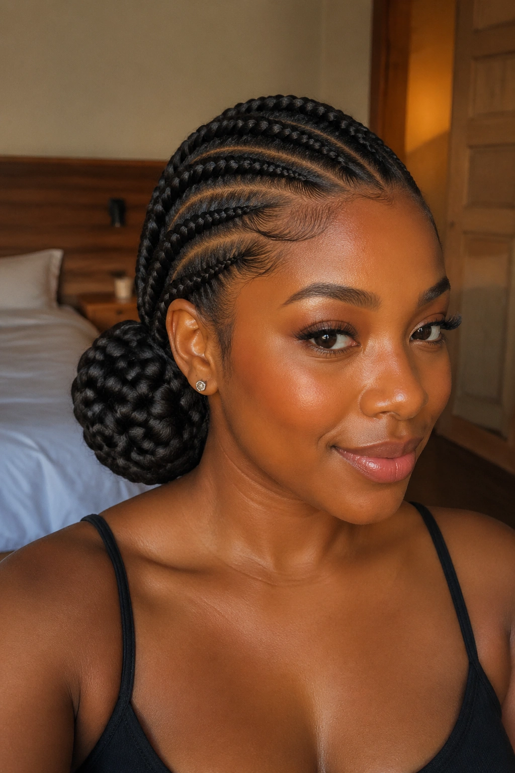 Close-up of a real woman with chunky side bun created from thick cornrows against warm bedroom light