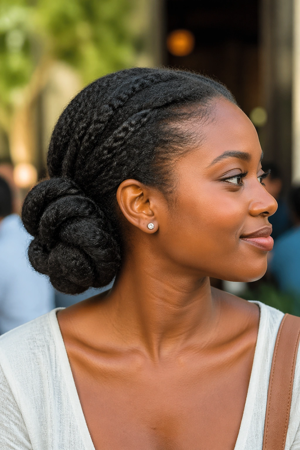 Close-up of real woman with chunky textured low bun