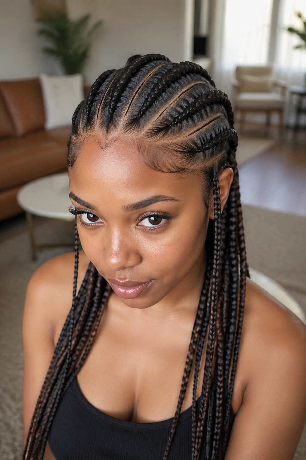 Real woman with chunky and thin mixed feed-in cornrows