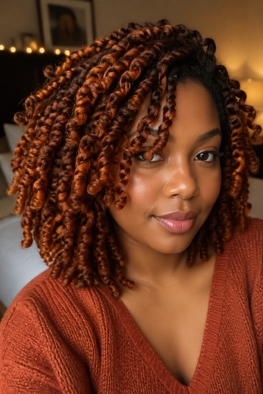 Real person with chunky two-strand twists in fall colors.