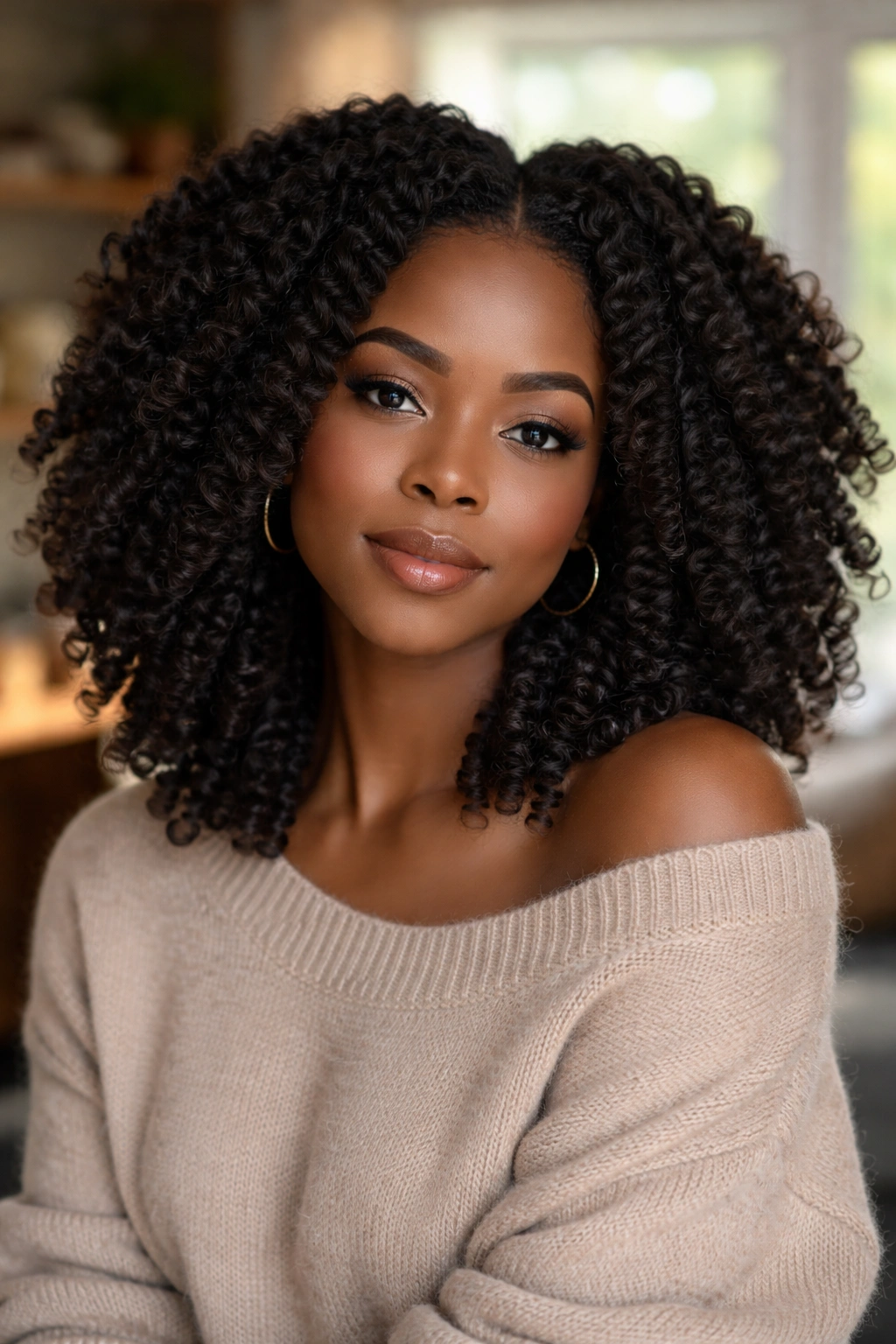 Close-up portrait of a real person with chunky twist-out afro texture and natural volume.