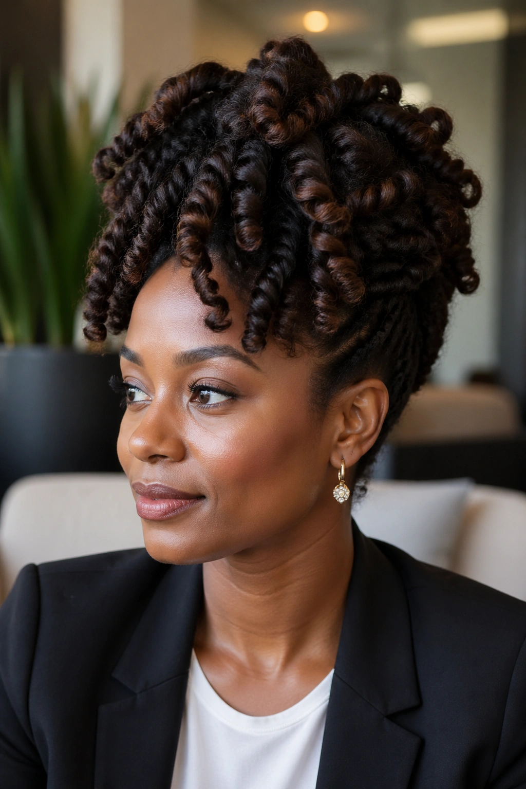 Real person with chunky twist-out updo in a professional setting