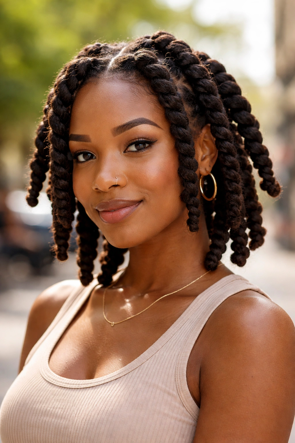 Medium close-up of a real woman with bold chunky twists in outdoor daylight
