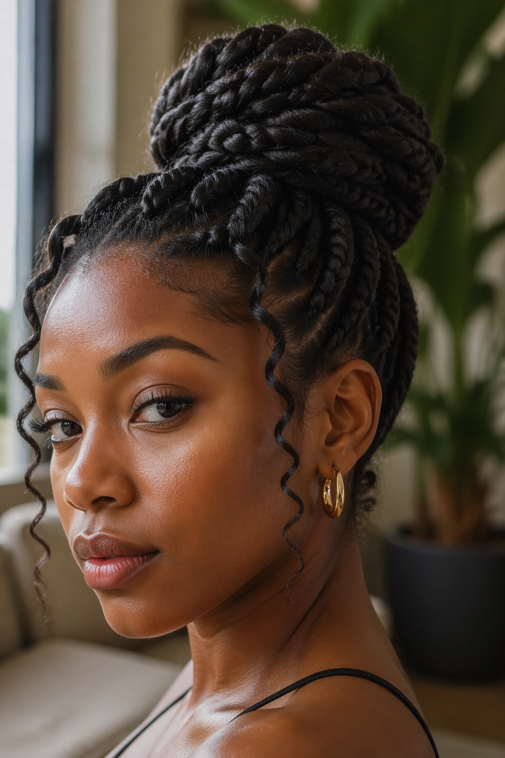 Close-up of a real Black woman with chunky two-strand twists into a bun