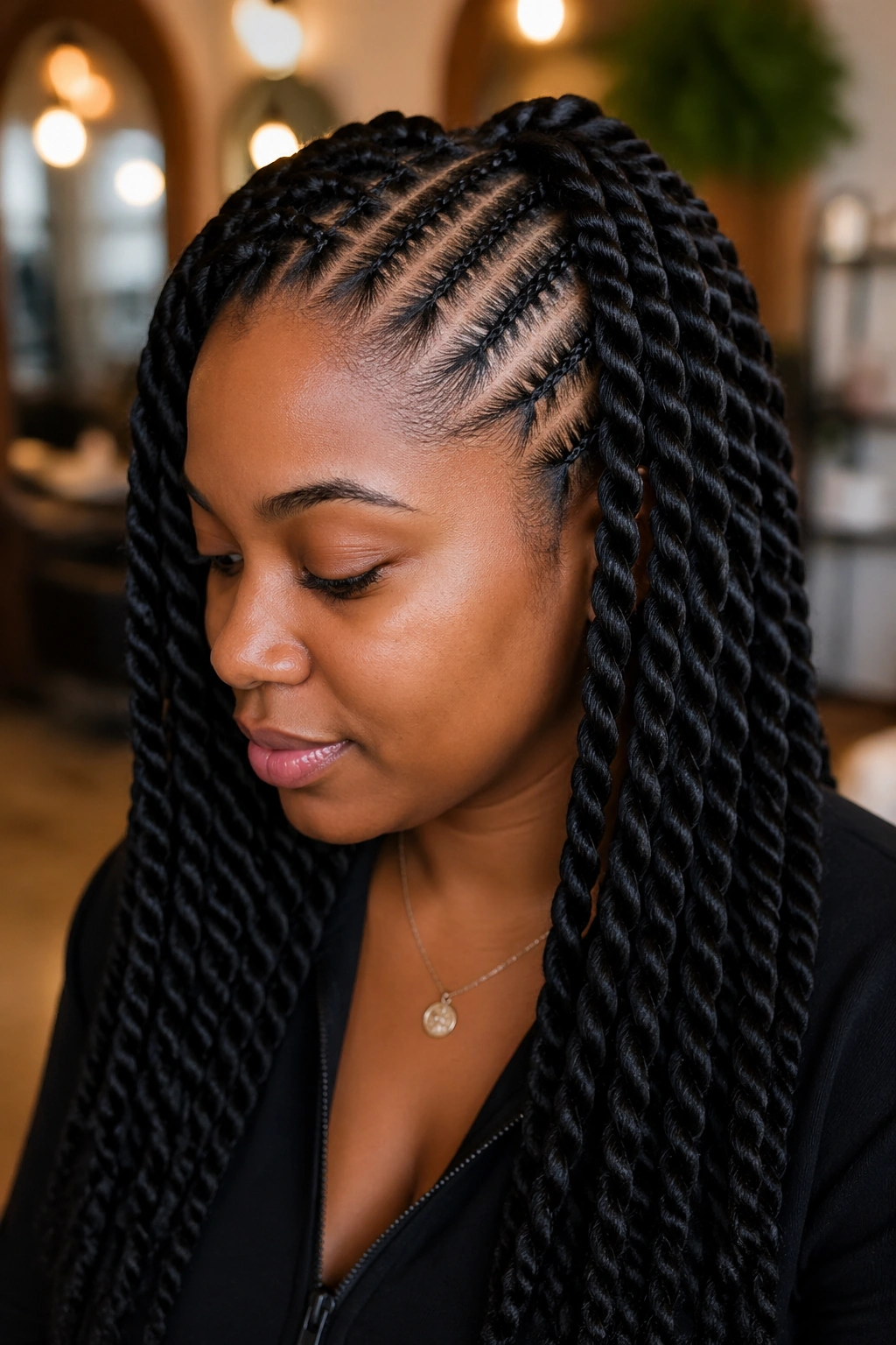Real woman with thin cornrows base and chunky passion twists