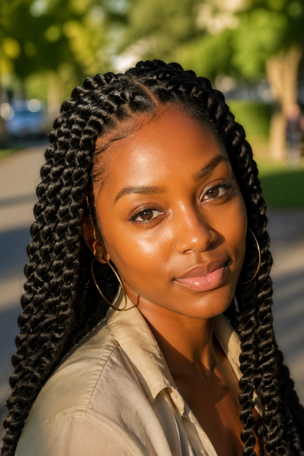 Close-up of a real person with chunky two-strand twists in a sunlit outdoor setting