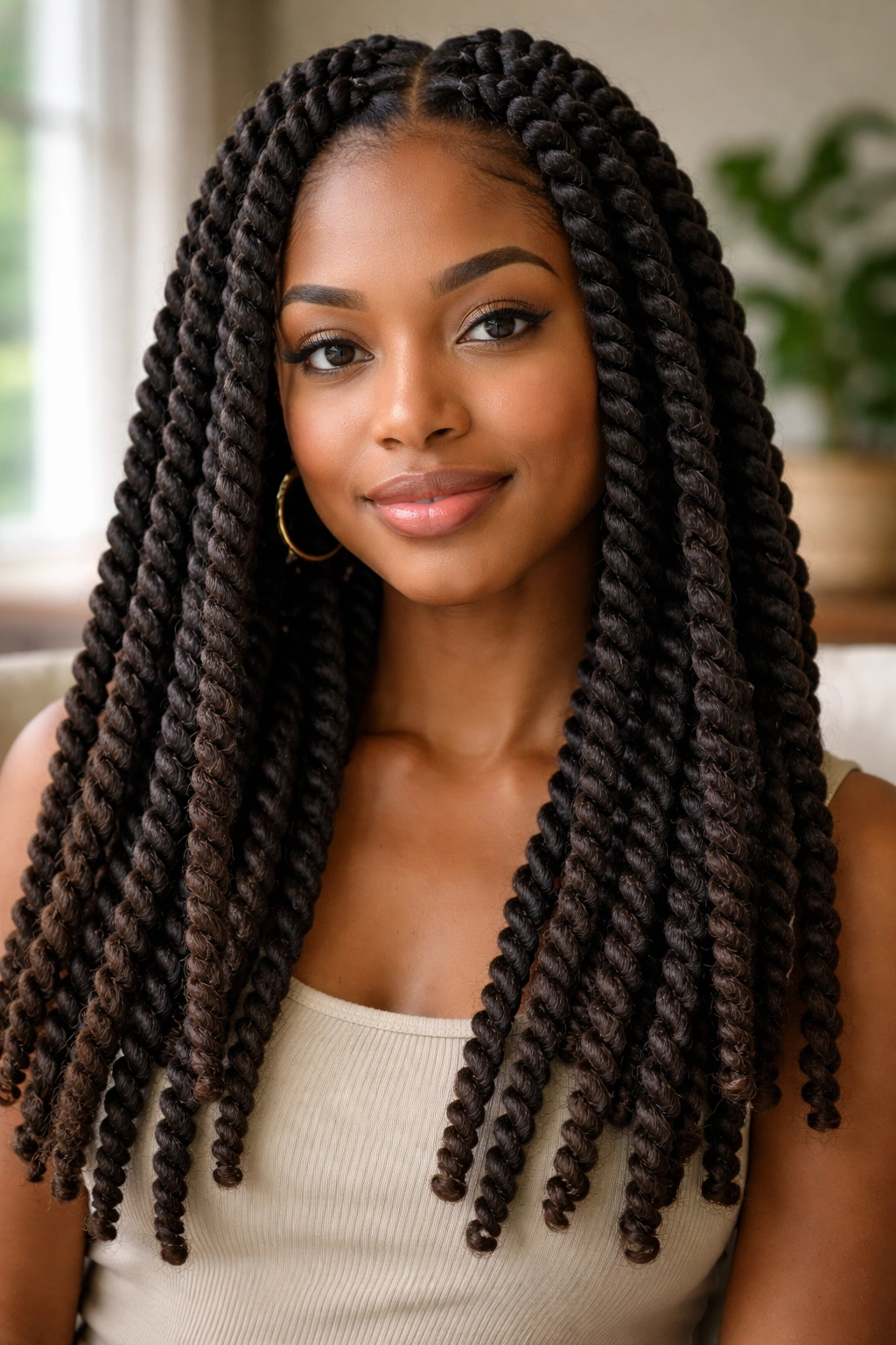 Real woman with uniform chunky twists close-up portrait