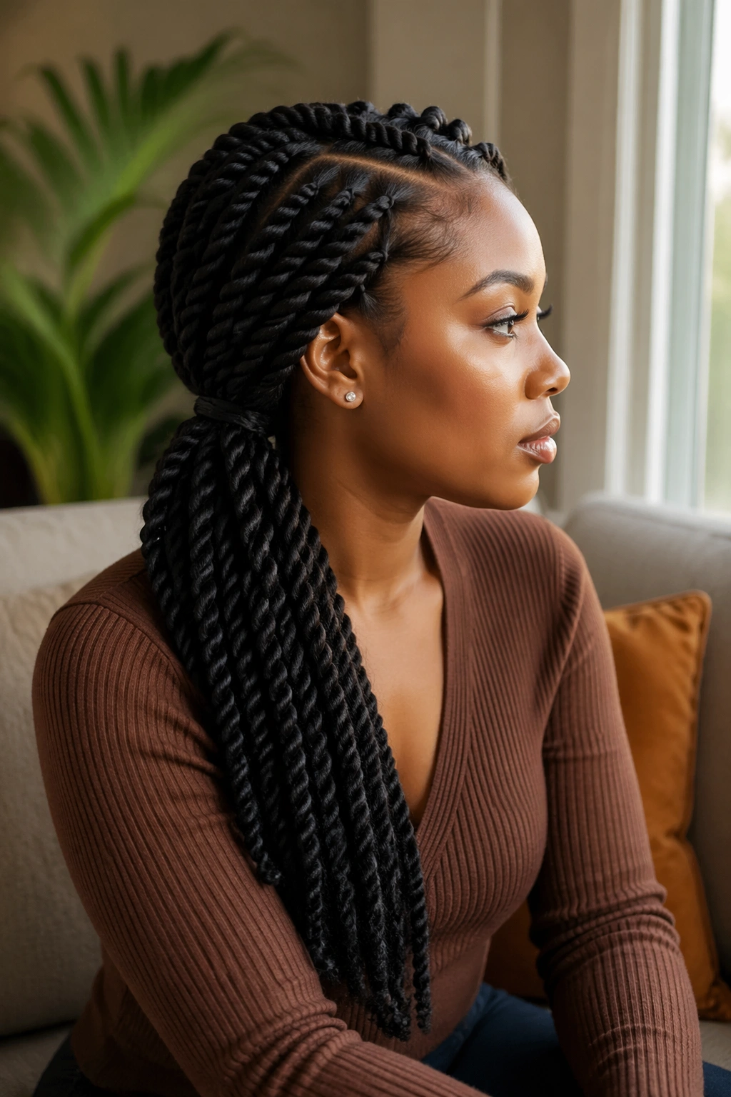 Side-profile of chunky twists into a low side-part ponytail.
