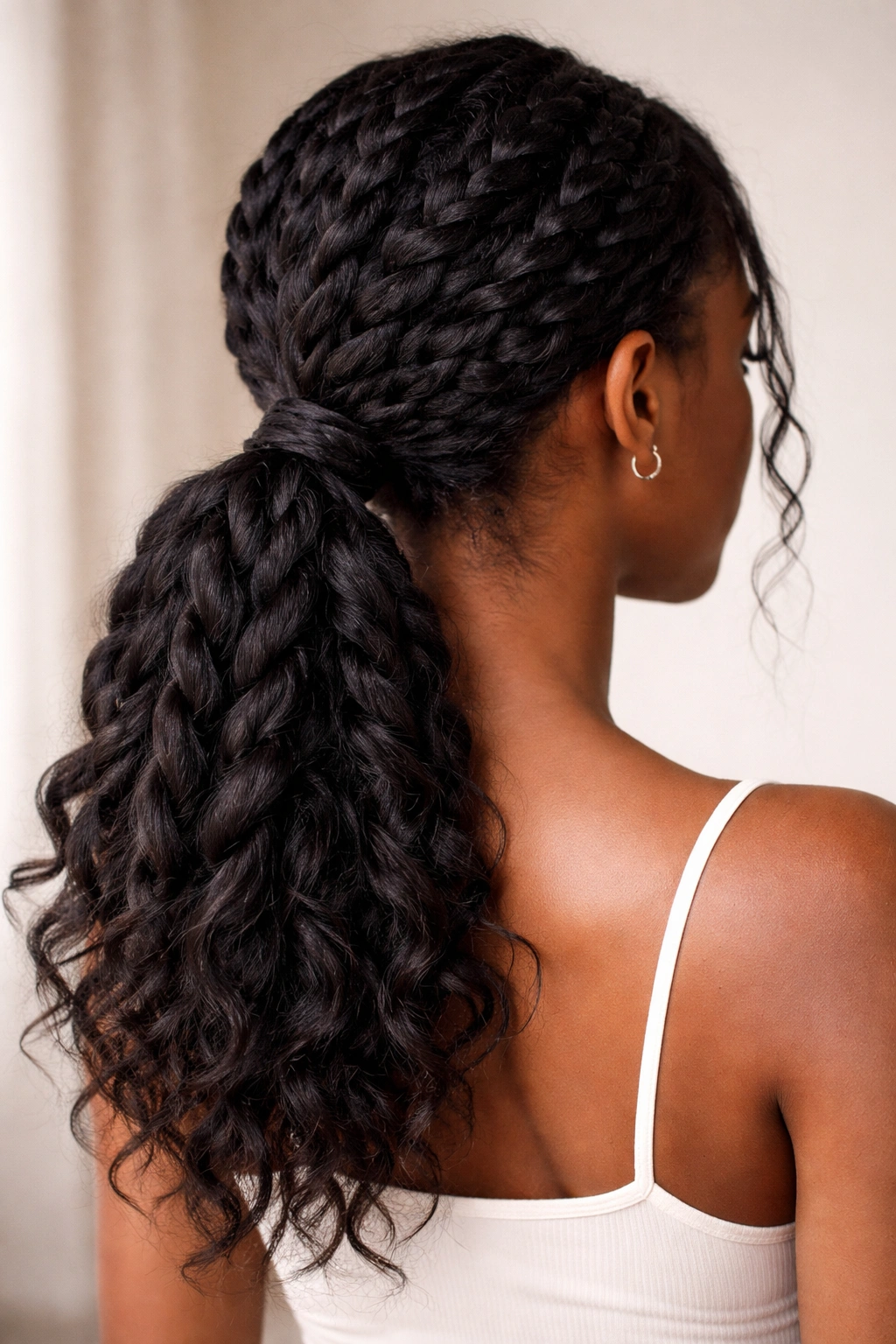 Close-up of Chunky Twist Ponytail With Loose Ends featuring bold oversized twists in a low ponytail