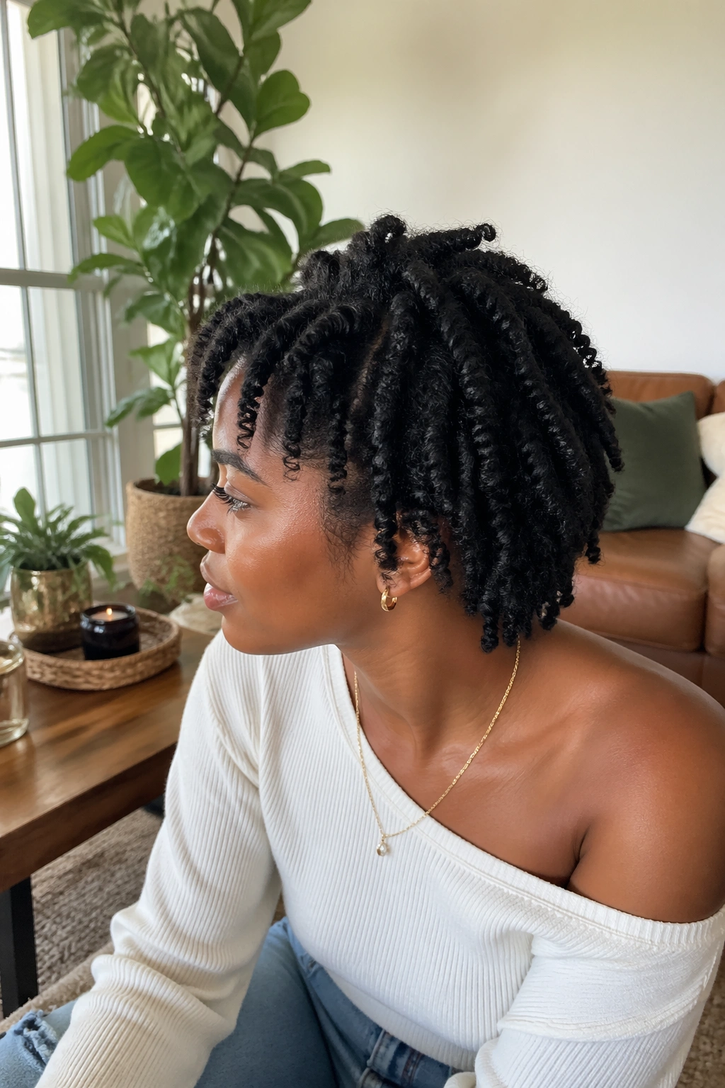 Wide shot of chunky twists with big texture in a bright room.