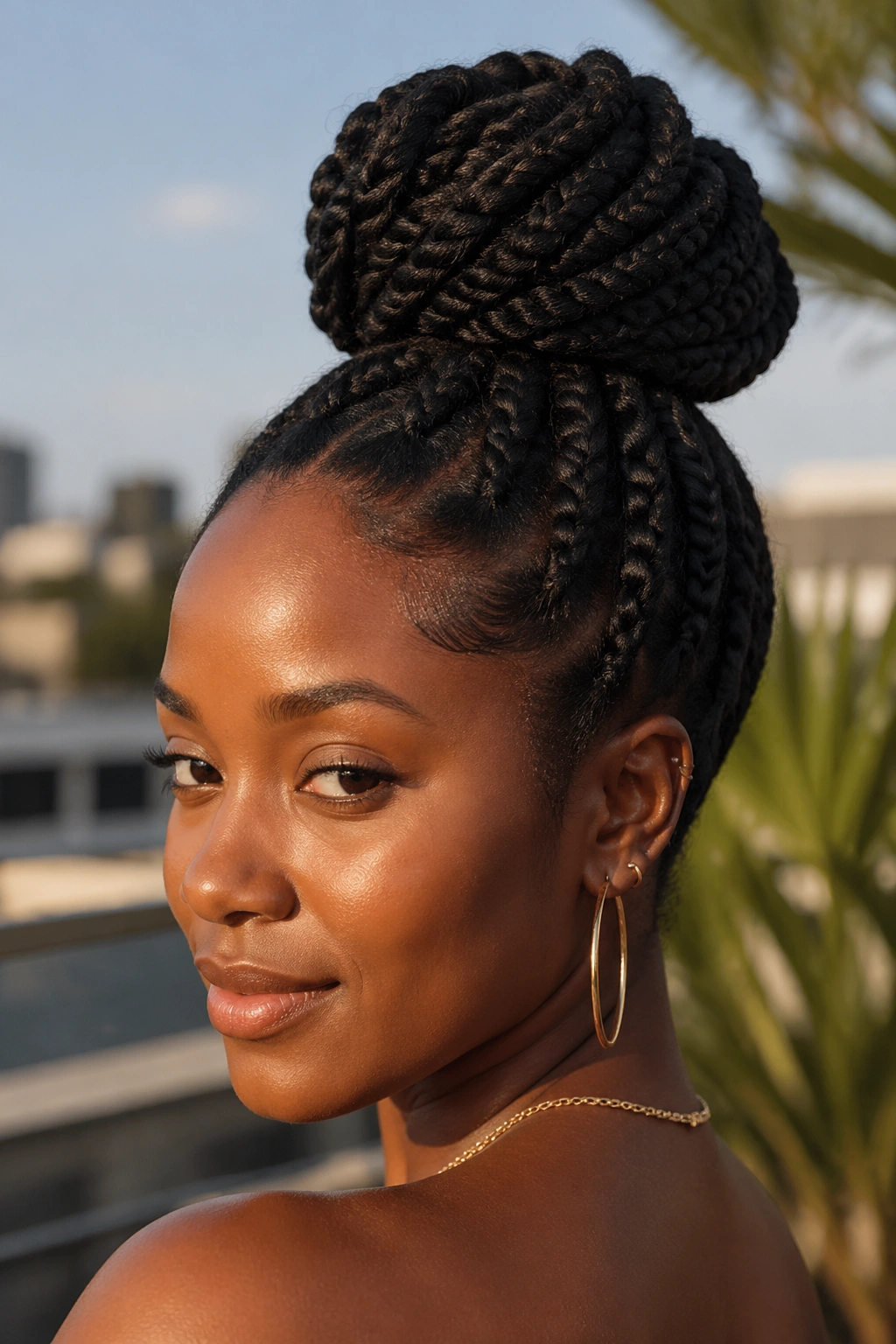 Close-up of a woman with chunky twists in a top knot.