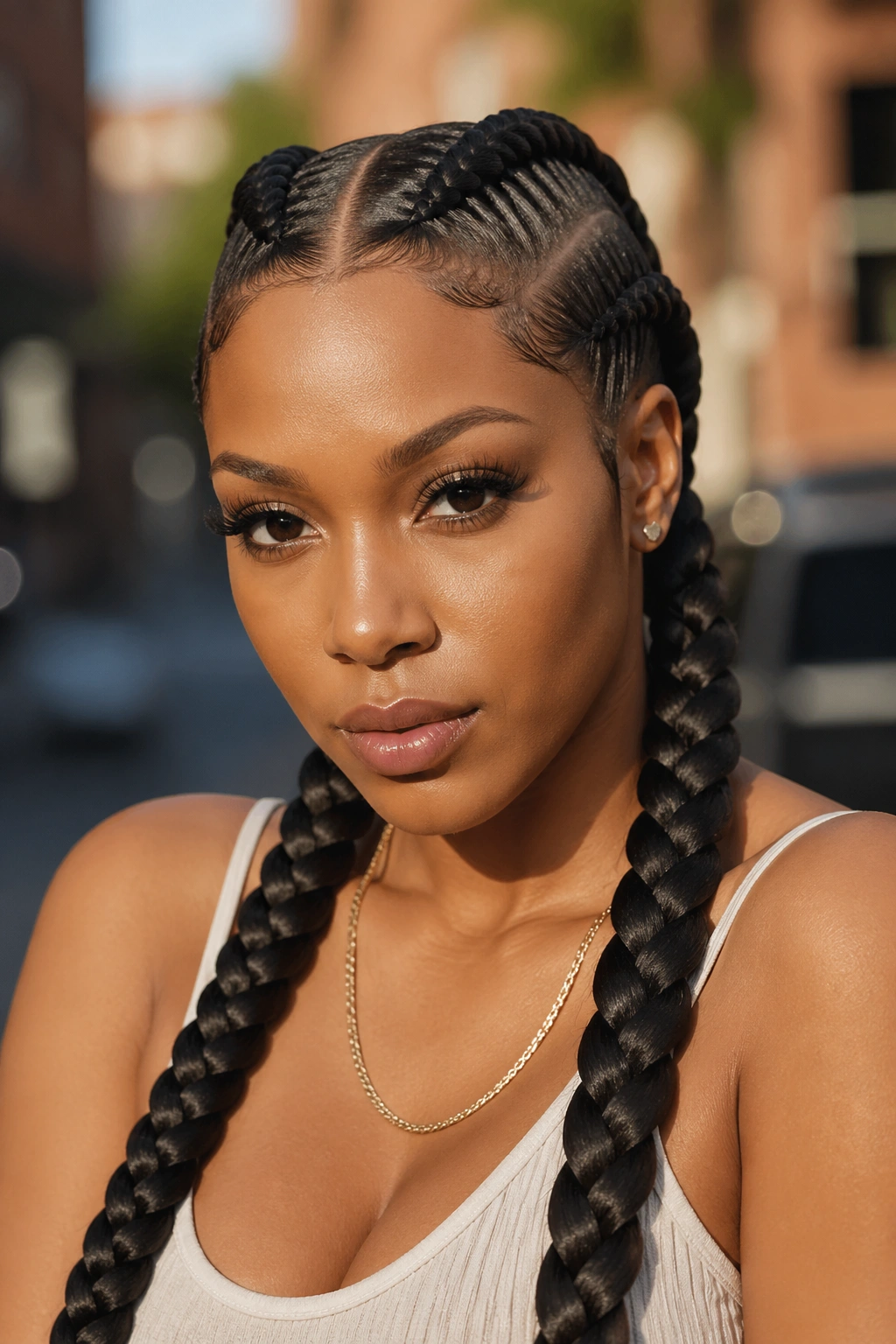 Real woman with chunky two-row Ghana braids