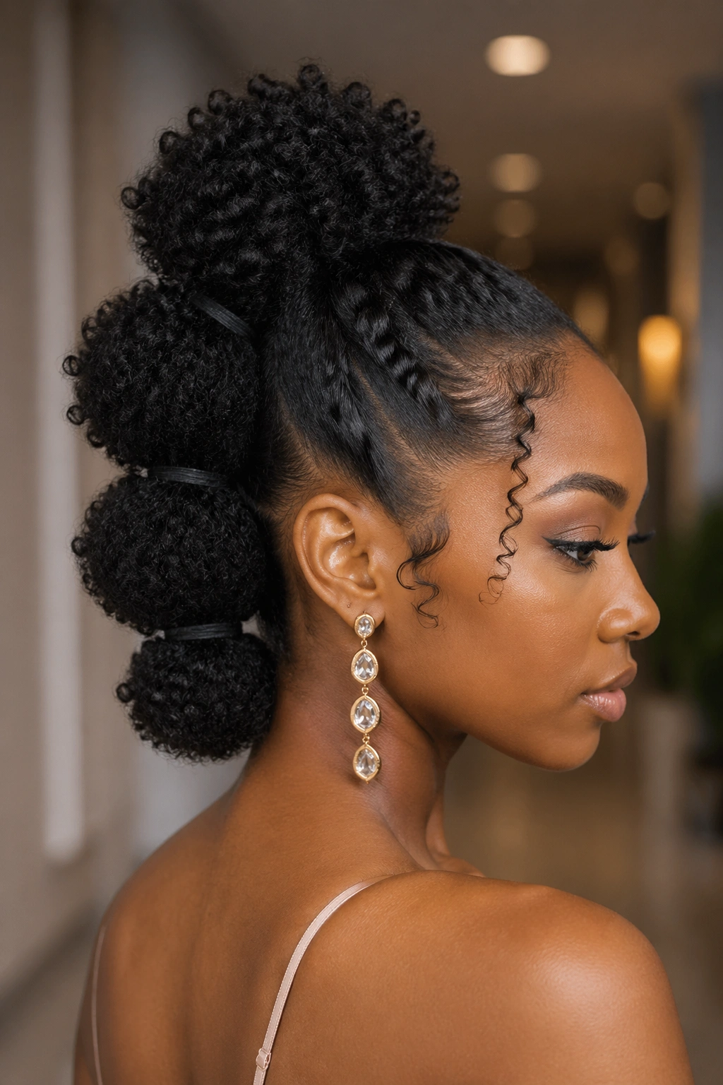Back view of a real woman's cinched natural updo with vertical puffed segments